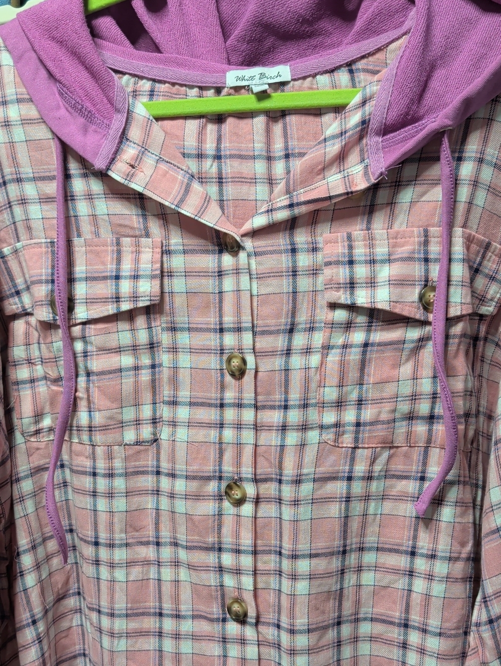 White Birch Pink Plaid Hooded Shirt Jacket with Lilac Hood